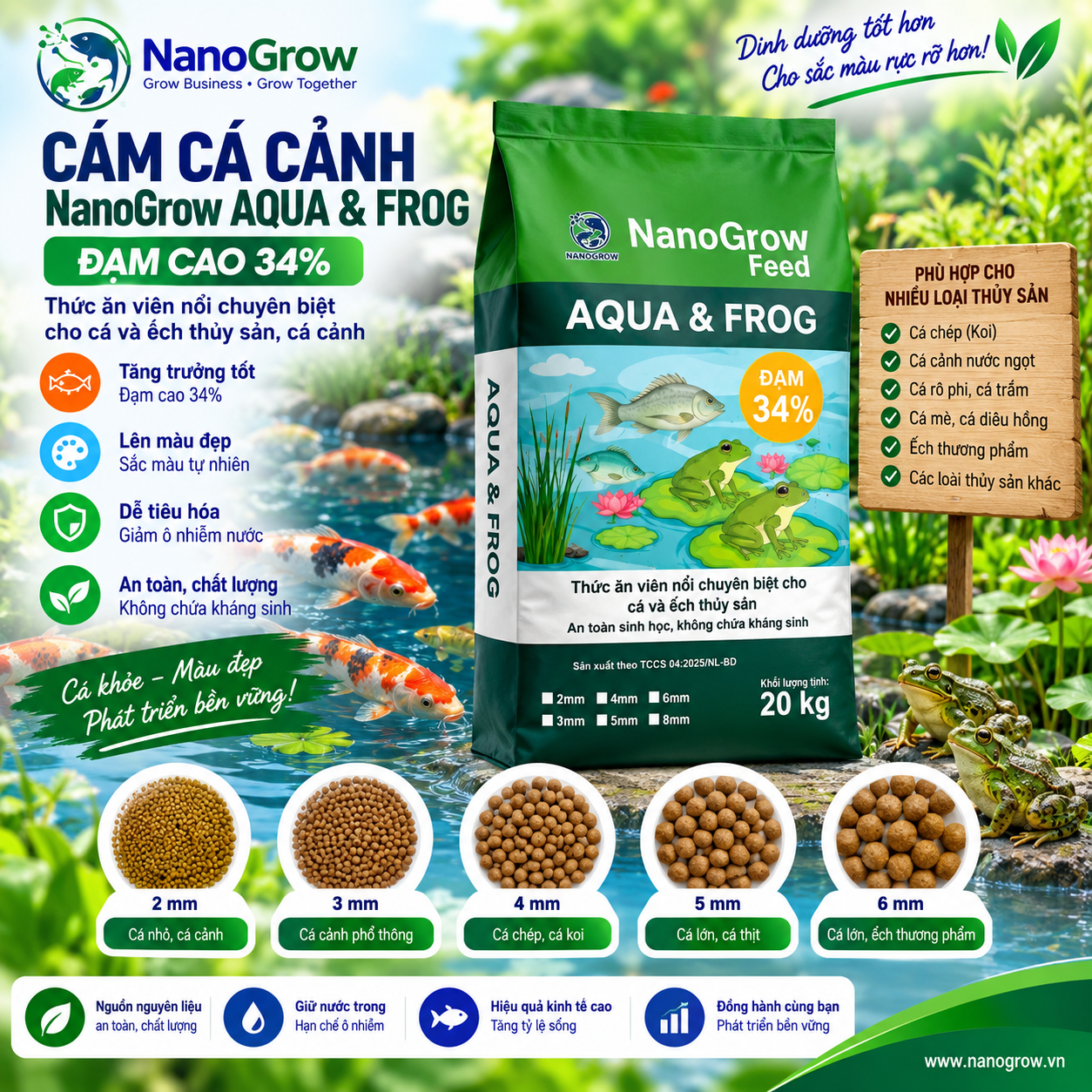 1kg thức ăn cho cá 34% đạm Aqua&frog chất lượng cao, hạt từ 2 đến 6 li